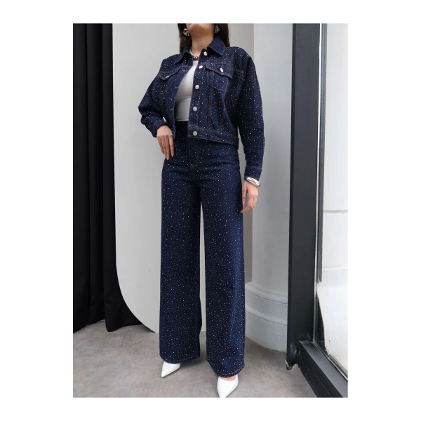 Taş Baskılı Denim İkili Takım