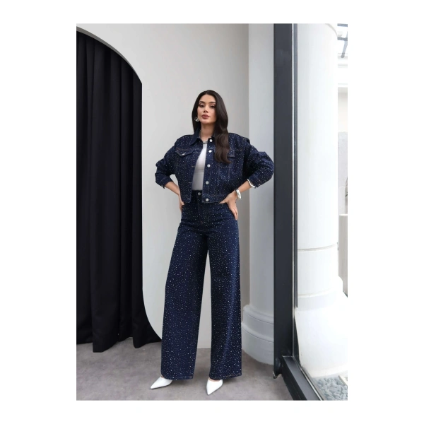 Taş Baskılı Denim İkili Takım