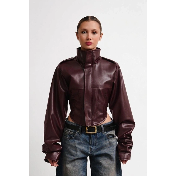 New Season Dik Yaka Motorcu Crop Kadın Deri Ceket