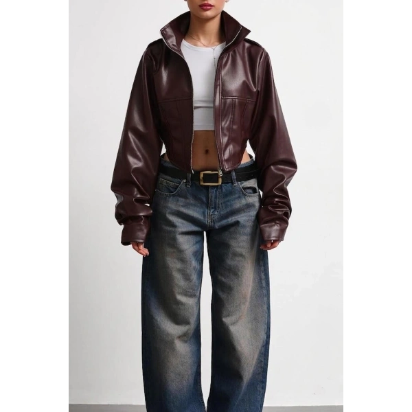 New Season Dik Yaka Motorcu Crop Kadın Deri Ceket