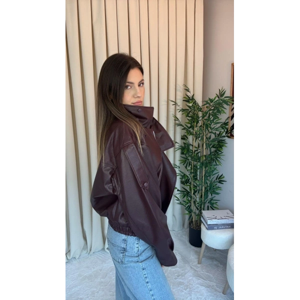 Kadın Dik Yaka Bordo Fermuarlı Deri Ceket