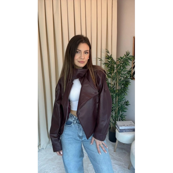 Kadın Dik Yaka Bordo Fermuarlı Deri Ceket