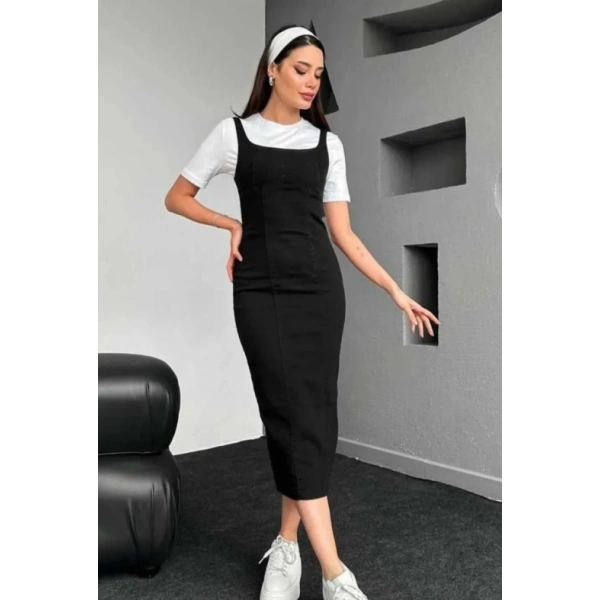 Askılı Uzun Kot Elbise