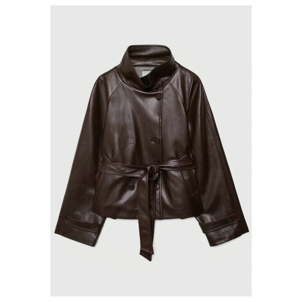 Dik yaka suni deri trençkot