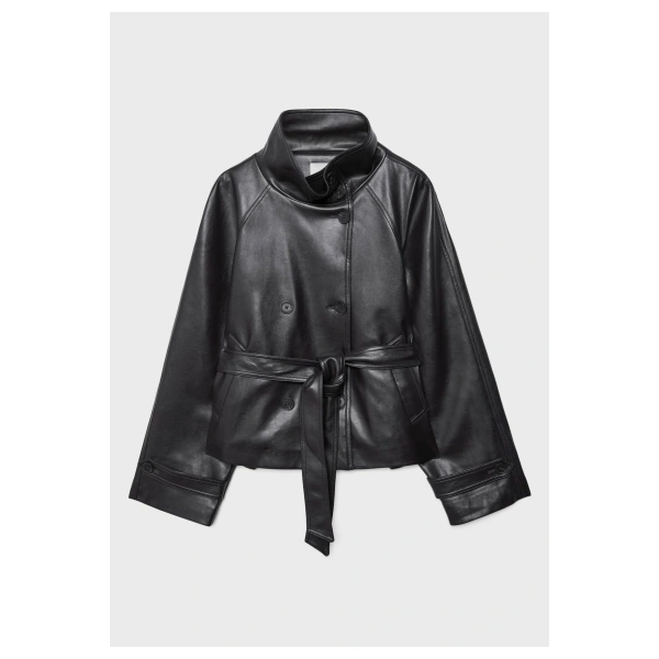 Dik yaka suni deri trençkot