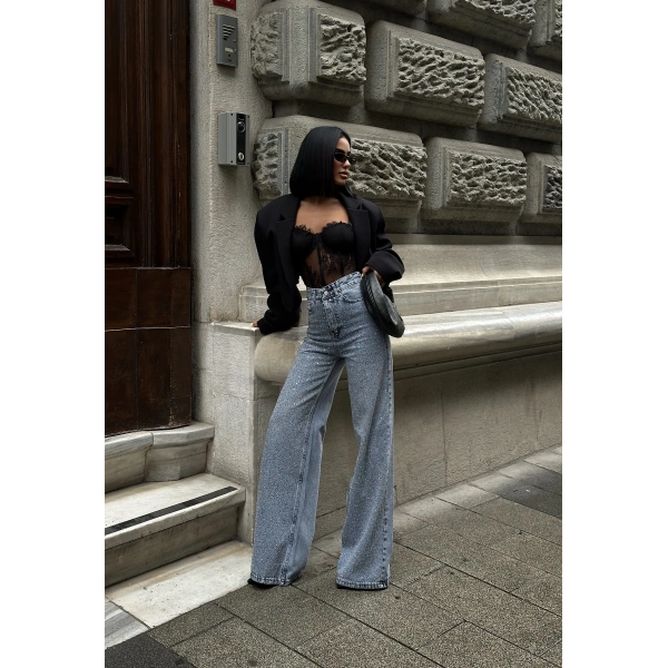 Jean Yüksek Taşlı Pantolon