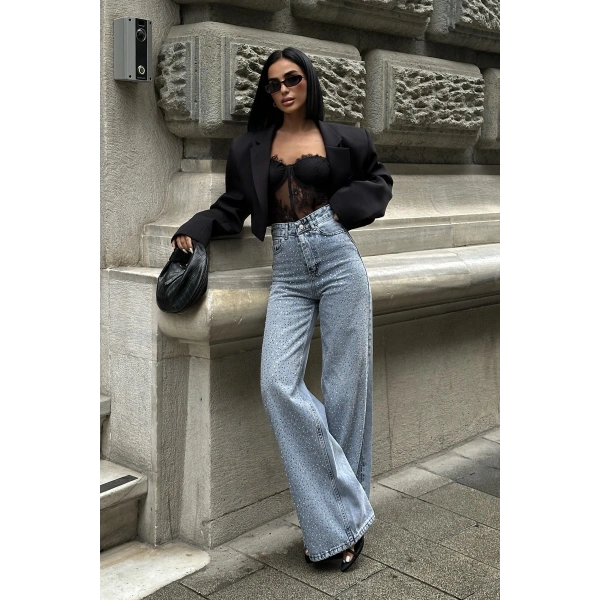 Jean Yüksek Taşlı Pantolon