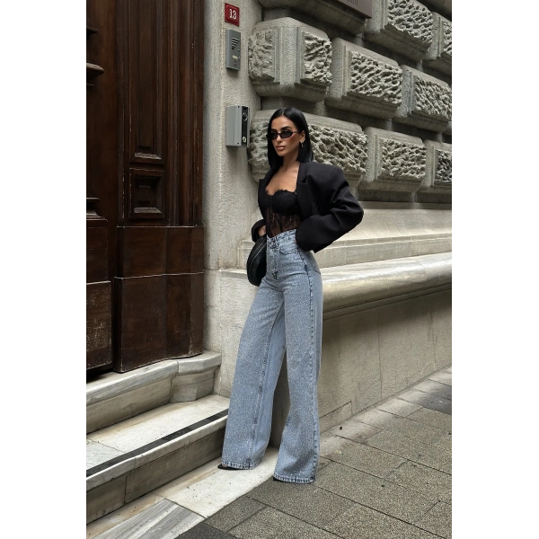 Jean Yüksek Taşlı Pantolon