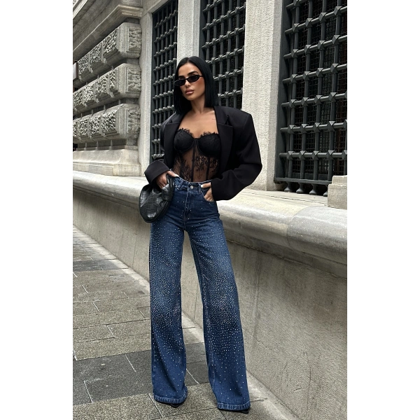 Jean Yüksek Taşlı Pantolon