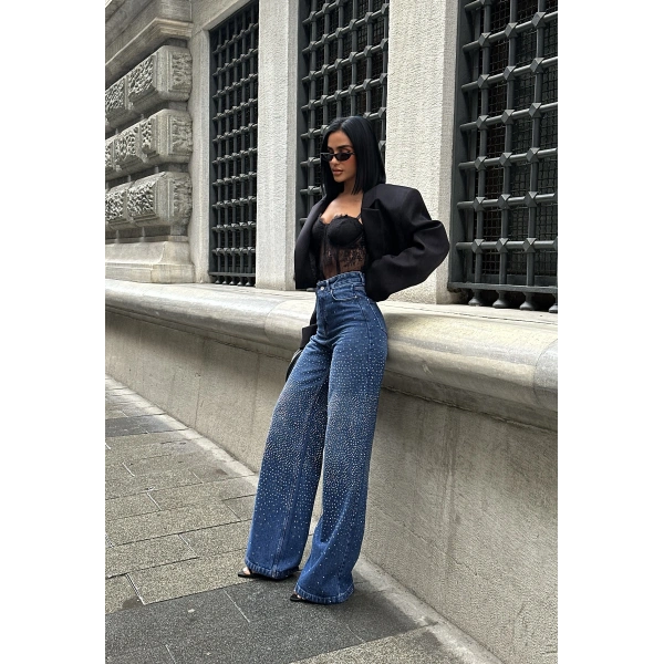 Jean Yüksek Taşlı Pantolon