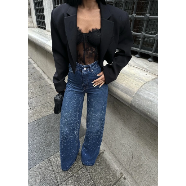 Jean Yüksek Taşlı Pantolon