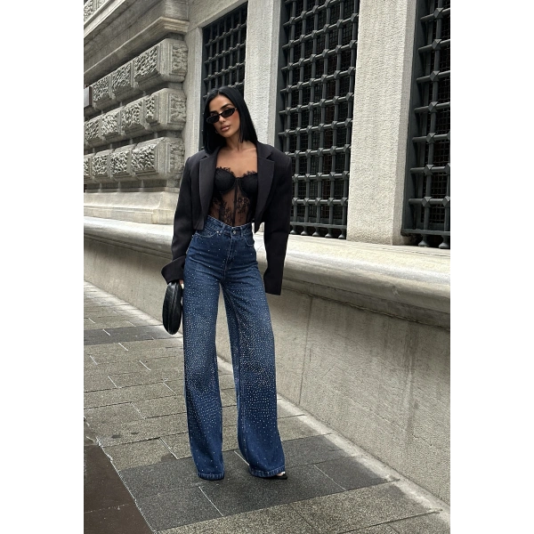 Jean Yüksek Taşlı Pantolon