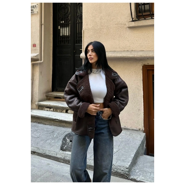 Kadın Koyu Kahverengi Siyah Oversize Ceket