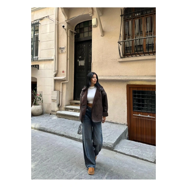 Kadın Koyu Kahverengi Siyah Oversize Ceket