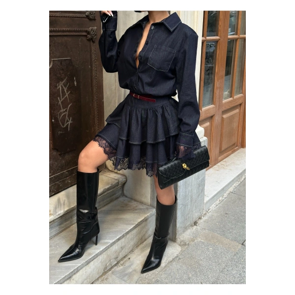 Kadın Lacivert Denim Fırfırlı Mini Elbise