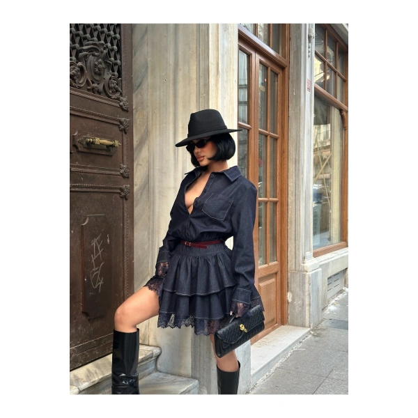 Kadın Lacivert Denim Fırfırlı Mini Elbise