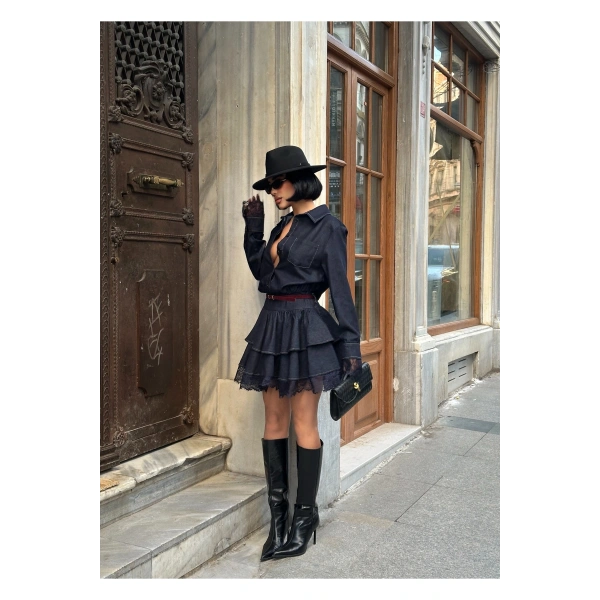 Kadın Lacivert Denim Fırfırlı Mini Elbise