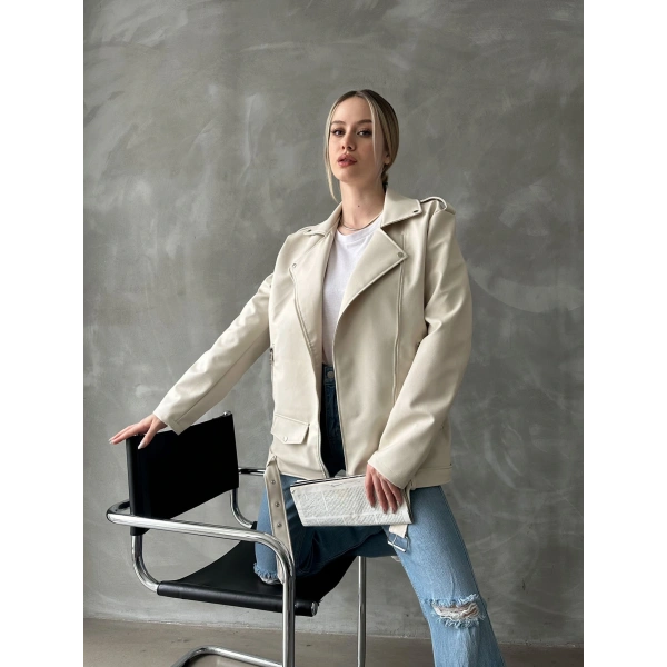 Kadın Oversize Biker Deri Ceket