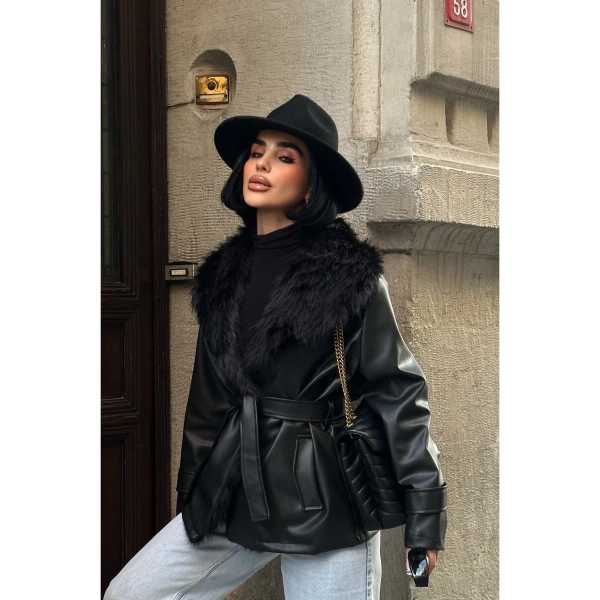 Kadın Siyah Kürk Yaka Deri Mont Ceket