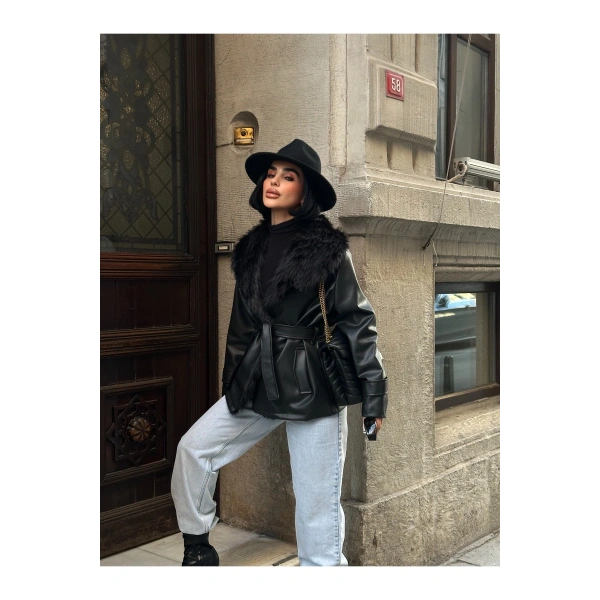 Kadın Siyah Kürk Yaka Deri Mont Ceket
