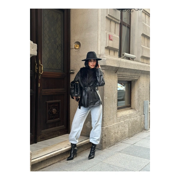 Kadın Siyah Kürk Yaka Deri Mont Ceket