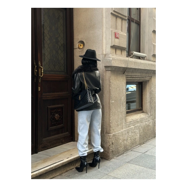 Kadın Siyah Kürk Yaka Deri Mont Ceket