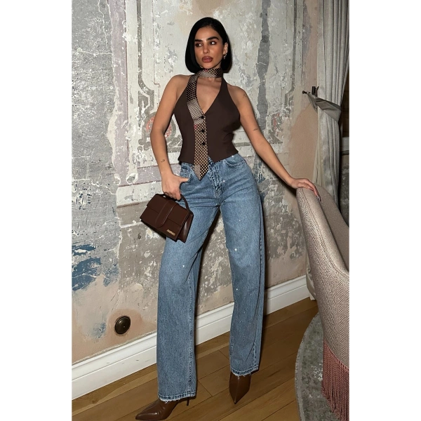 Kadın Taşlı Jeans Kot Pantolon