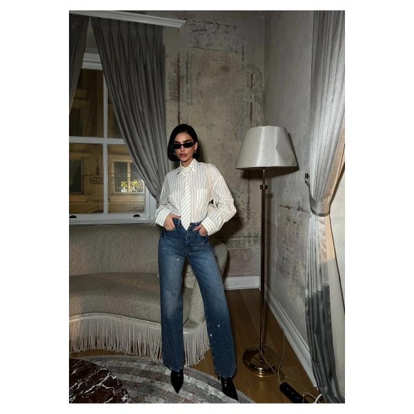 Kadın Taşlı Jeans Kot Pantolon