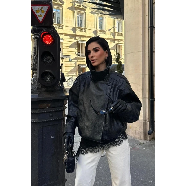 Kadın ZR Model Dik Yaka Fermuarlı Deri Ceket