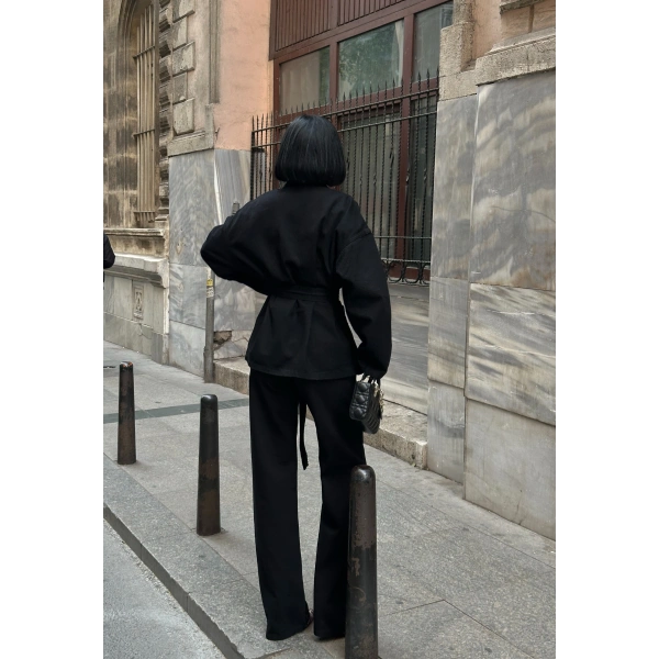 Siyah Bağlamalı Denim Takım Oversize Ceket ve Yüksek Bel Pantolon