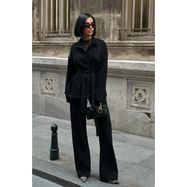 Siyah Bağlamalı Denim Takım Oversize Ceket ve Yüksek Bel Pantolon