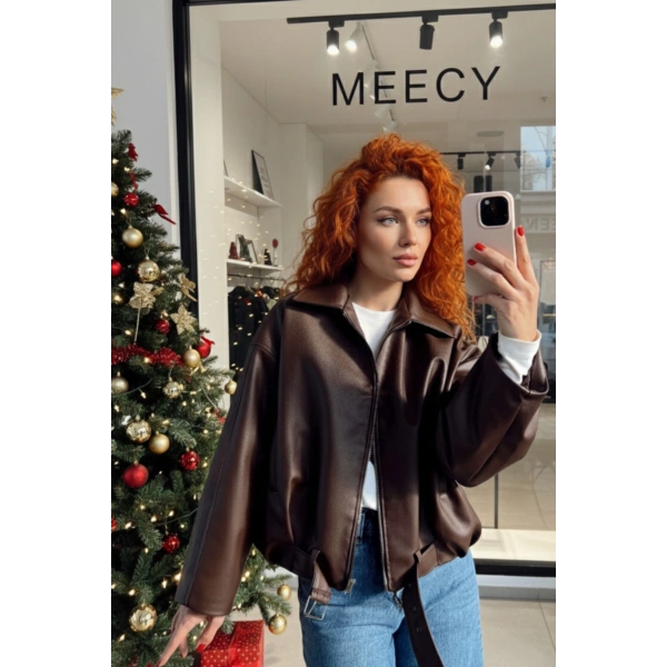 Yeni Sezon Suni Oversize Bomber Deri Ceket