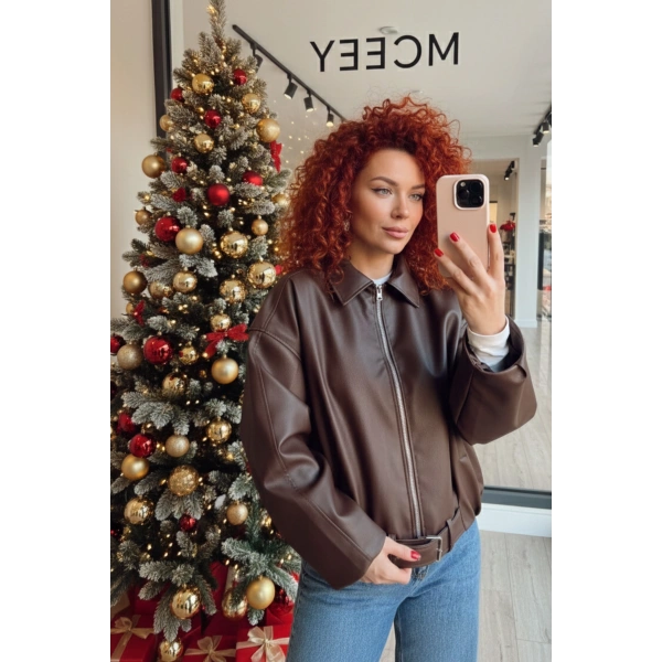 Yeni Sezon Suni Oversize Bomber Deri Ceket