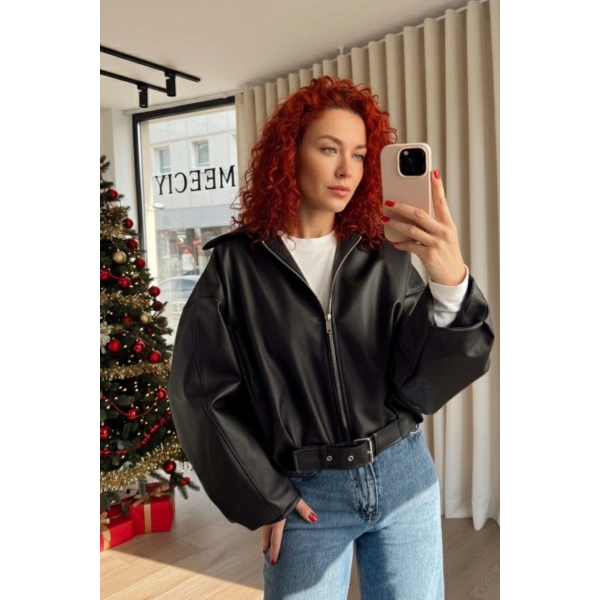 Yeni Sezon Suni Oversize Bomber Deri Ceket