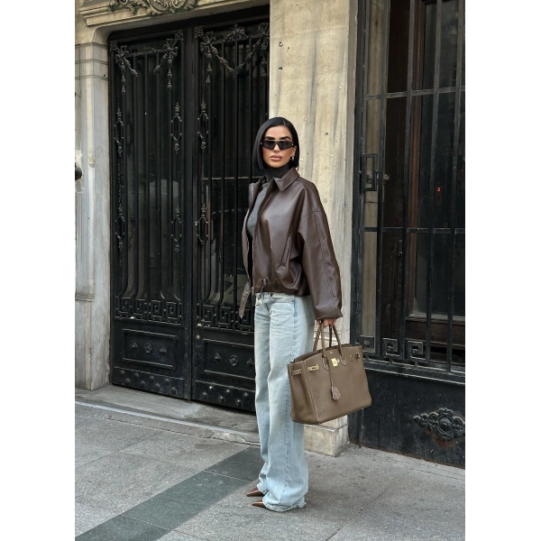 Yeni Sezon Suni Oversize Bomber Deri Ceket