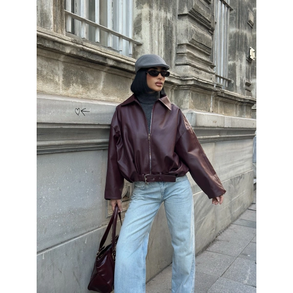 Yeni Sezon Suni Oversize Bomber Deri Ceket