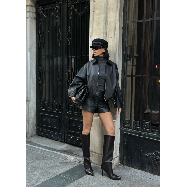 Yeni Sezon Suni Oversize Bomber Deri Ceket