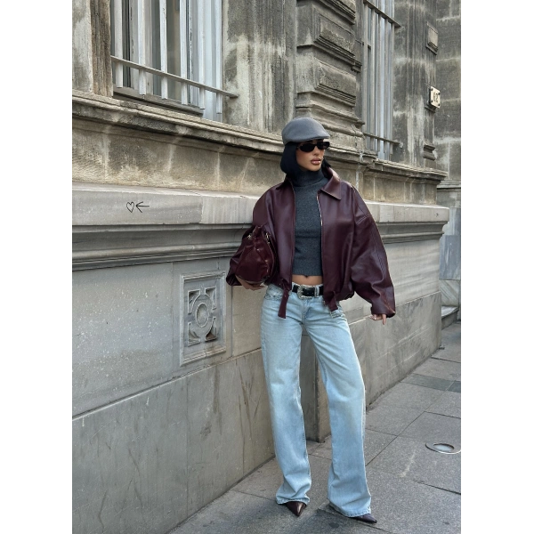 Yeni Sezon Suni Oversize Bomber Deri Ceket