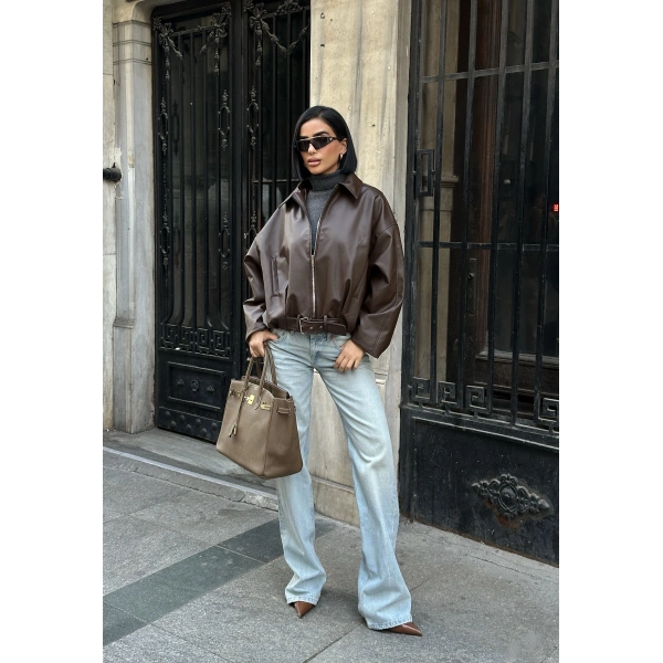 Yeni Sezon Suni Oversize Bomber Deri Ceket
