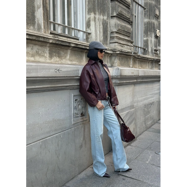 Yeni Sezon Suni Oversize Bomber Deri Ceket