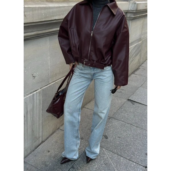 Yeni Sezon Suni Oversize Bomber Deri Ceket