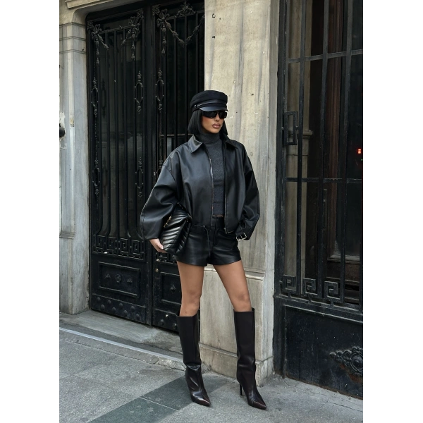 Yeni Sezon Suni Oversize Bomber Deri Ceket