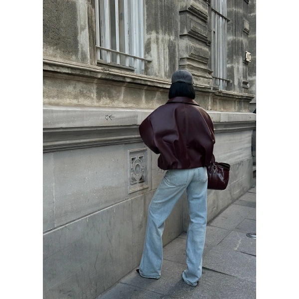 Yeni Sezon Suni Oversize Bomber Deri Ceket