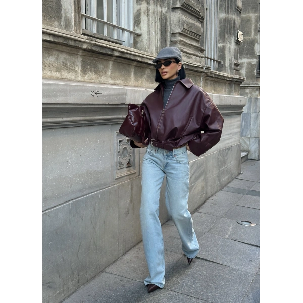 Yeni Sezon Suni Oversize Bomber Deri Ceket