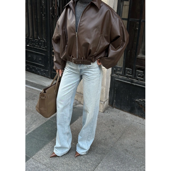 Yeni Sezon Suni Oversize Bomber Deri Ceket