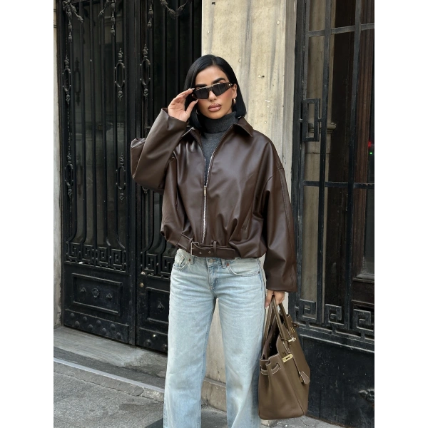 Yeni Sezon Suni Oversize Bomber Deri Ceket