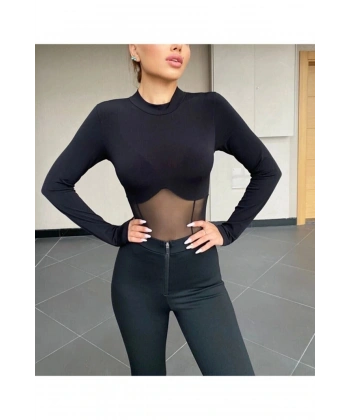 Kadın Siyah Transparan Tül Detay Bluz