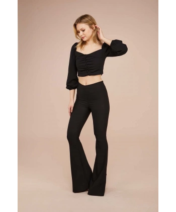 Kadın Siyah Bol Paça Kumaş Pantolon