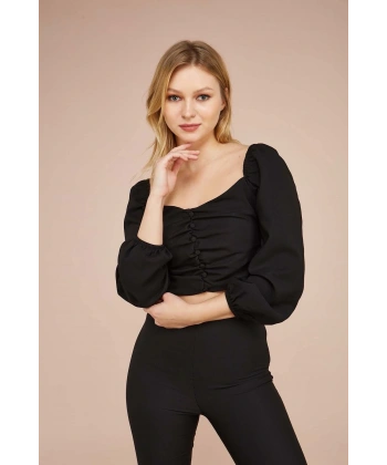 Kadın Siyah Fermuarlı Crop Bluz