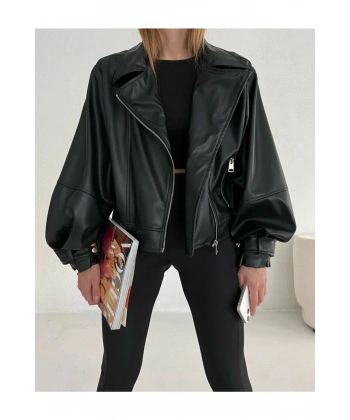 Kadın Suni Deri Geniş Kollu Biker Ceket